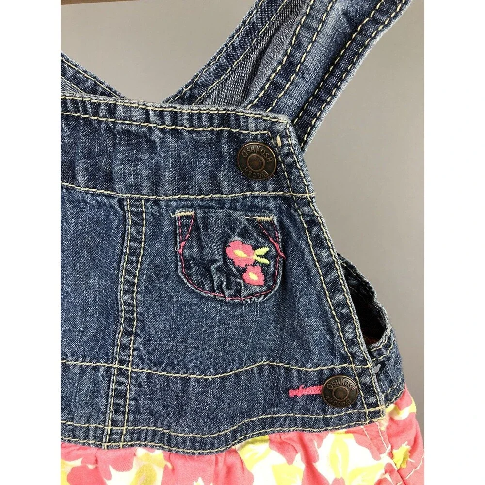 Oshkosh B'gosh Girls 18 Months Vestback Dress Denim Tiered Pink Floral Gift